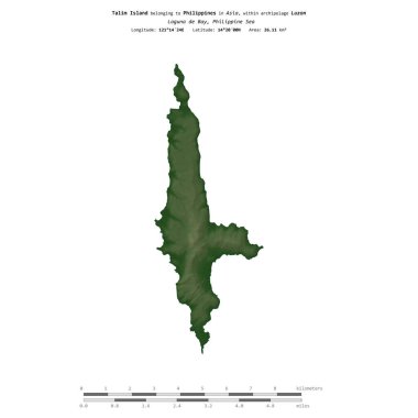 Filipinlere ait Laguna de Bay 'deki Talim Adası, uzaklık ölçeğinde, renkli bir yükseklik haritasında izole edilmiştir.
