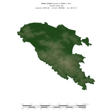 Çin 'e ait Doğu Çin Denizi' ndeki Taohua Adası, uzaklık ölçeğinde renkli bir yükseklik haritasında izole edilmiştir.