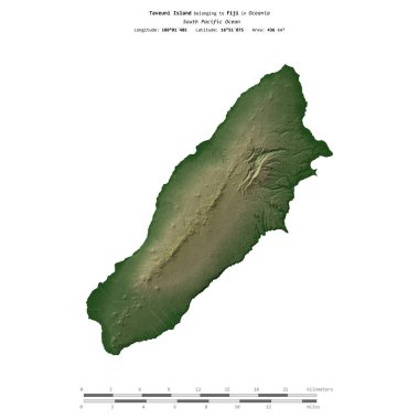 Fiji 'ye ait Güney Pasifik Okyanusu' ndaki Taveuni Adası, uzaklık ölçeğinde, renkli bir yükseklik haritasında izole edilmiştir.