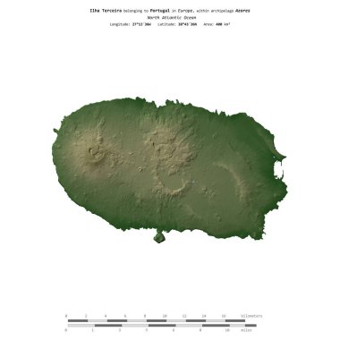 Portekiz 'e ait Kuzey Atlantik Okyanusu' ndaki Ilha Terceira, uzaklık ölçeğine sahip renkli bir yükseklik haritasında izole edilmiştir.