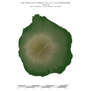 Endonezya 'ya ait Molukka Denizi' nde bulunan Pulau Ternatifi, uzaklık ölçeğine sahip renkli bir yükseklik haritasında izole edilmiştir.