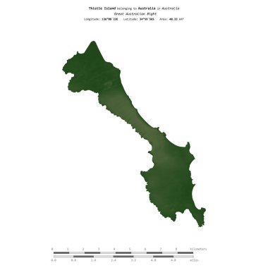 Avustralya 'ya ait Büyük Avustralya Körfezi' ndeki devedikeni adası, uzaklık ölçeğinde, renkli bir yükseklik haritasında izole edilmiştir.