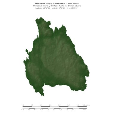 Güneydoğu Alaska ve British Columbia 'nın sahil sularında bulunan Thorne Adası, Amerika Birleşik Devletleri' ne ait renkli bir yükseklik haritasında izole edilmiştir.
