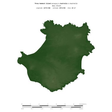 Avustralya 'ya ait Bass Boğazı' ndaki üç Hummock Adası, uzaklık ölçeğinde, renkli bir yükseklik haritasında izole edilmiş.