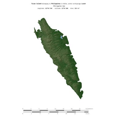 Filipinler 'deki Ticao Adası, uzak mesafe ölçeğinde, renkli bir yükseklik haritasında izole edilmiştir.