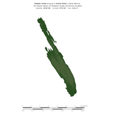 Güneydoğu Alaska ve Britanya Kolumbiyası 'nın sahil sularındaki Tiedeman Adası, Amerika Birleşik Devletleri' ne ait, renkli bir yükseklik haritasında izole edilmiş,