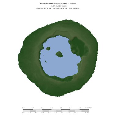 Tonga 'ya ait olan Güney Pasifik Okyanusu' ndaki Niuafoou Adası, uzaklık ölçeğinde, renkli bir yükseklik haritasında izole edilmiştir.