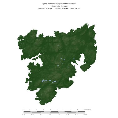 İsveç 'e ait Kattegat' taki Tjorn Adası, uzaklık ölçeğinde, renkli bir yükseklik haritasında izole edilmiştir.