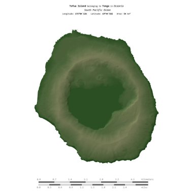 Tonga 'ya ait Güney Pasifik Okyanusu' ndaki Tofua Adası, uzaklık ölçeğinde, renkli bir yükseklik haritasında izole edilmiştir.