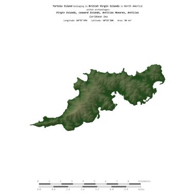 Britanya Virjin Adalarına ait Karayip Denizi 'ndeki Tortola Adası, uzaklık ölçeğinde, renkli bir yükseklik haritasında izole edilmiştir.