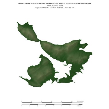 Falkland Adalarına ait Güney Atlantik Okyanusu 'ndaki Saunders Adası, uzaklık ölçeğine sahip renkli bir yükseklik haritası üzerinde izole edilmiştir.