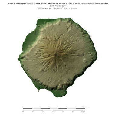 Güney Atlantik Okyanusu 'ndaki Tristan da Cunha Adası. Saint Helena, Ascension ve Tristan da Cunha' ya ait. Renkli bir yükseklik haritasında izole edilmiş.