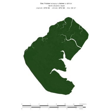Kuzey Atlantik Okyanusu 'ndaki Iles Tristao, Gine' ye ait, uzaklık ölçeğinde, renkli bir yükseklik haritasında izole edilmiştir.