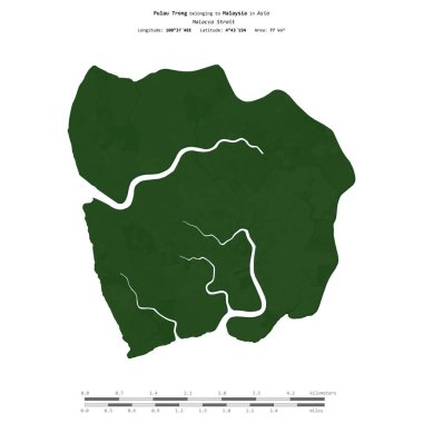 Malezya 'ya ait Malacca Boğazı' ndaki Pulau Trong, uzaklık ölçeğine sahip renkli bir yükseklik haritasında izole edilmiştir.