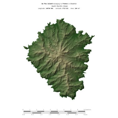 Güney Pasifik Okyanusu 'ndaki Ua Pou Adası. Fransa' ya ait. Renkli bir yükseklik haritasında izole edilmiş.