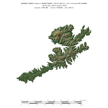 Bering Denizi 'ndeki Unalaska Adası, Amerika Birleşik Devletleri' ne ait, uzaklık ölçeğinde, renkli bir yükseklik haritasında izole edilmiştir.