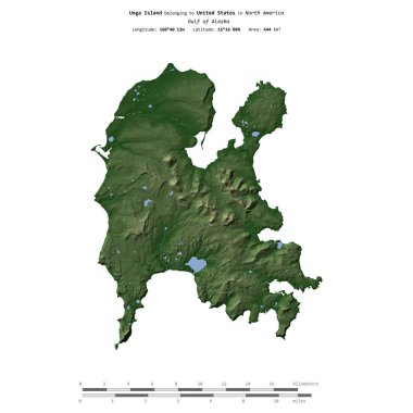 Amerika Birleşik Devletleri 'ne ait Alaska Körfezi' ndeki Unga Adası, uzaklık ölçeğinde, renkli bir yükseklik haritasında izole edilmiştir.