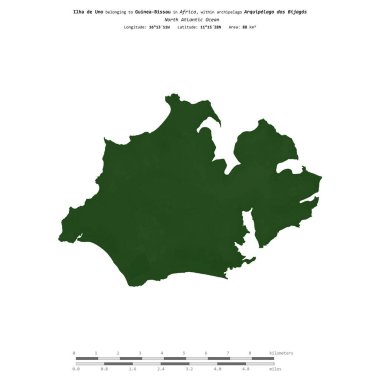 Kuzey Atlantik Okyanusu 'ndaki Ilha de Uno, Gine-Bissau' ya ait, uzaklık ölçeğine sahip renkli bir yükseklik haritasında izole edilmiş.
