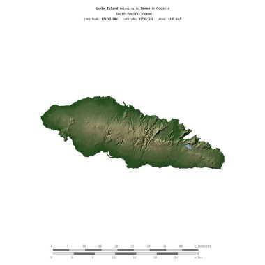 Samoa 'ya ait Güney Pasifik Okyanusu' ndaki Upolu Adası, uzaklık ölçeğine sahip renkli bir yükseklik haritasında izole edilmiştir.