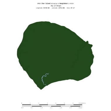 Bengal Körfezi 'ndeki Urir Char Adası, Bangladeş' e ait, uzaklık ölçeğine sahip renkli bir yükseklik haritasında izole edilmiş.