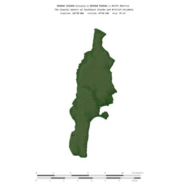 Güneydoğu Alaska ve Britanya Kolumbiyası 'nın Sahil Suları' ndaki Vashon Adası, Amerika Birleşik Devletleri 'ne ait renkli bir yükseklik haritasında izole edilmiştir.