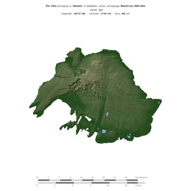 Vanuatu 'ya ait Mercan Denizi' ndeki Ile Vate, uzaklık ölçeğinde, renkli bir yükseklik haritasında izole edilmiştir.