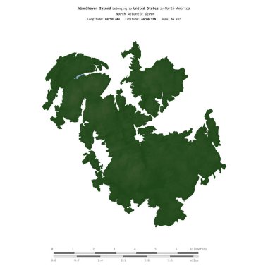 Amerika Birleşik Devletleri 'ne ait Kuzey Atlantik Okyanusu' ndaki Vinalhaven Adası, uzaklık ölçeğinde, renkli bir yükseklik haritasında izole edilmiştir.