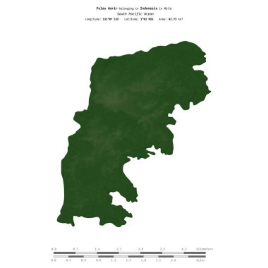 Endonezya 'ya ait Güney Pasifik Okyanusu' ndaki Pulau Warir, uzaklık ölçeğine sahip renkli bir yükseklik haritasında izole edilmiştir.