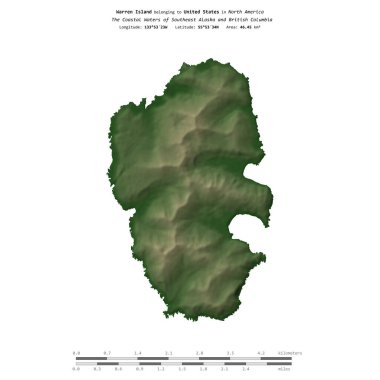 Güneydoğu Alaska ve Britanya Kolumbiyası 'nın Sahil Suları' ndaki Warren Adası, Amerika Birleşik Devletleri 'ne ait, renkli bir yükseklik haritasında izole edilmiş,