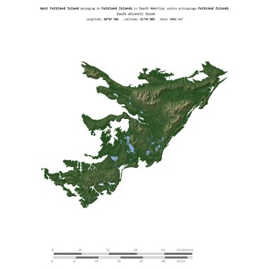 Falkland Adalarına ait Güney Atlantik Okyanusu 'ndaki Batı Falkland Adası, uzaklık ölçeğine sahip renkli bir yükseklik haritası üzerinde izole edilmiştir.