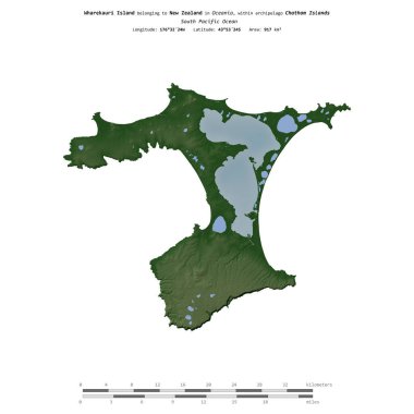 Yeni Zelanda 'ya ait Güney Pasifik Okyanusu' ndaki Wharekauri Adası, uzaklık ölçeğine sahip renkli bir yükseklik haritası üzerinde izole edilmiştir.