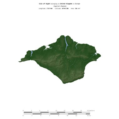 İngiliz Kanalı 'ndaki Wight Adası, Birleşik Krallık' a ait, renkli bir yükseklik haritasında izole edilmiş, mesafe ölçeğinde.