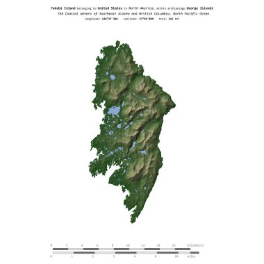 Amerika Birleşik Devletleri 'ne ait Kuzey Pasifik Okyanusu' ndaki Yakobi Adası, uzaklık ölçeğine sahip renkli bir yükseklik haritası üzerinde izole edilmiştir.