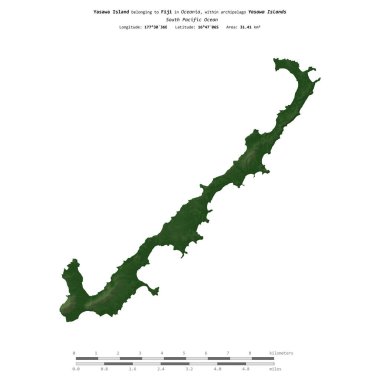 Fiji 'ye ait Güney Pasifik Okyanusu' ndaki Yasawa Adası, uzaklık ölçeğinde, renkli bir yükseklik haritasında izole edilmiştir.