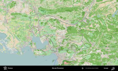 Aix-en-Provence. OpenStreetMap Fransız stili haritasında Fransa 'nın idari bölgesinin ana hatları belirlendi