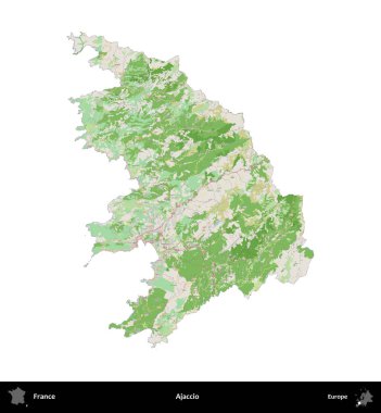Ajaccio. Fransa 'nın idari bölgesi bir OpenStreetMap Fransız tarzı haritada beyazda izole edildi