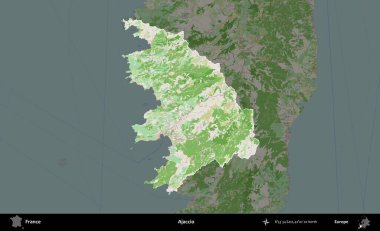 Ajaccio. Fransa 'nın idari alanı koyu renk bir OpenStreetMap tarzı Fransız haritasına vurgulandı ve özetlendi