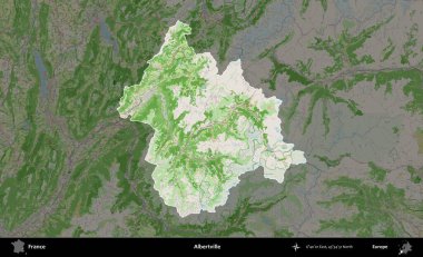 Albertville 'de. Fransa 'nın idari alanı koyu renk bir OpenStreetMap tarzı Fransız haritasına vurgulandı ve özetlendi