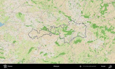 Alencon. OpenStreetMap Fransız stili haritasında Fransa 'nın idari bölgesinin ana hatları belirlendi