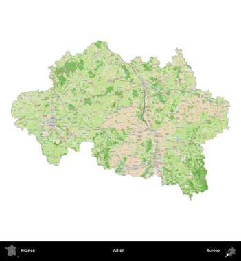 Allier. Fransa 'nın idari bölgesi bir OpenStreetMap Fransız tarzı haritada beyazda izole edildi