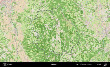 Ambert. OpenStreetMap Fransız stili haritasında Fransa 'nın idari bölgesinin ana hatları belirlendi