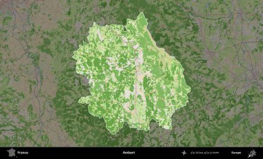 Ambert. Fransa 'nın idari alanı koyu renk bir OpenStreetMap tarzı Fransız haritasına vurgulandı ve özetlendi