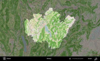 Annecy. Fransa 'nın idari alanı koyu renk bir OpenStreetMap tarzı Fransız haritasına vurgulandı ve özetlendi