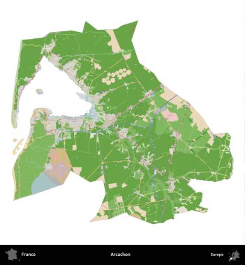 Arcachon. Fransa 'nın idari bölgesi bir OpenStreetMap Fransız tarzı haritada beyazda izole edildi