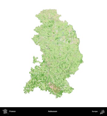 Aubusson. Fransa 'nın idari bölgesi bir OpenStreetMap Fransız tarzı haritada beyazda izole edildi
