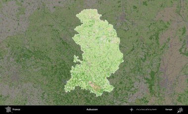 Aubusson. Fransa 'nın idari alanı koyu renk bir OpenStreetMap tarzı Fransız haritasına vurgulandı ve özetlendi