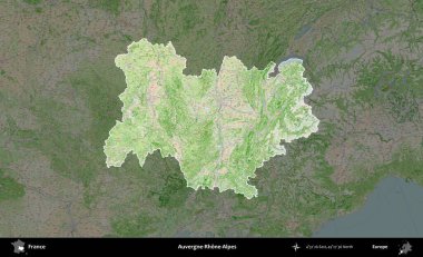 Auvergne-Rhone-Alpes. Fransa 'nın idari alanı koyu renk bir OpenStreetMap tarzı Fransız haritasına vurgulandı ve özetlendi