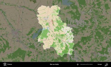 Bar-sur-Aube. Fransa 'nın idari alanı koyu renk bir OpenStreetMap tarzı Fransız haritasına vurgulandı ve özetlendi