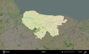 Bayeux. Fransa 'nın idari alanı koyu renk bir OpenStreetMap tarzı Fransız haritasına vurgulandı ve özetlendi