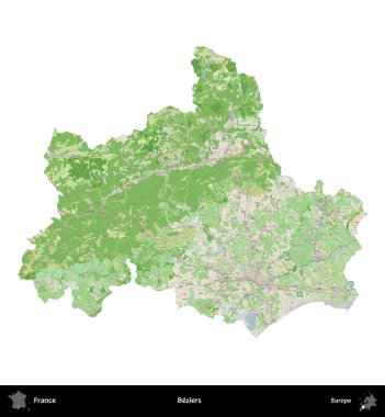 Beziers. Fransa 'nın idari bölgesi bir OpenStreetMap Fransız tarzı haritada beyazda izole edildi